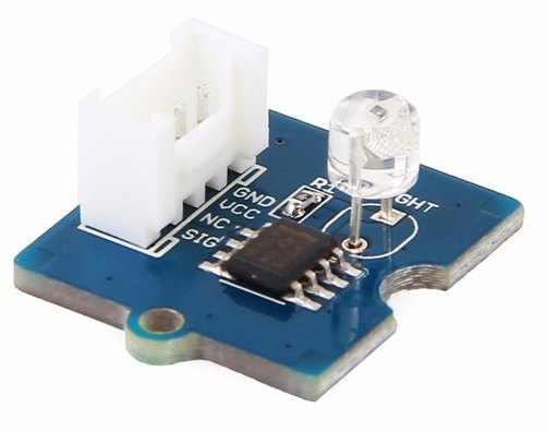 Module Grove capteur de lumière : prise blanche à quatre broches marquées GND, VCC, NC et SIG, composant sensible transparent et petit circuit intégré.