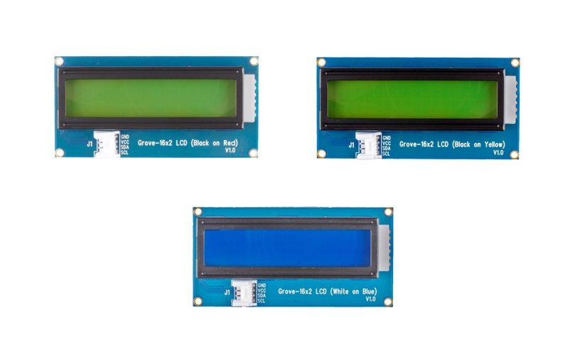 Trois afficheurs Grove LCD 16×2, deux à fond vert et un à fond bleu.