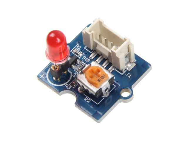 Module Grove LED rouge, avec sa prise blanche et un petit potentiomètre.